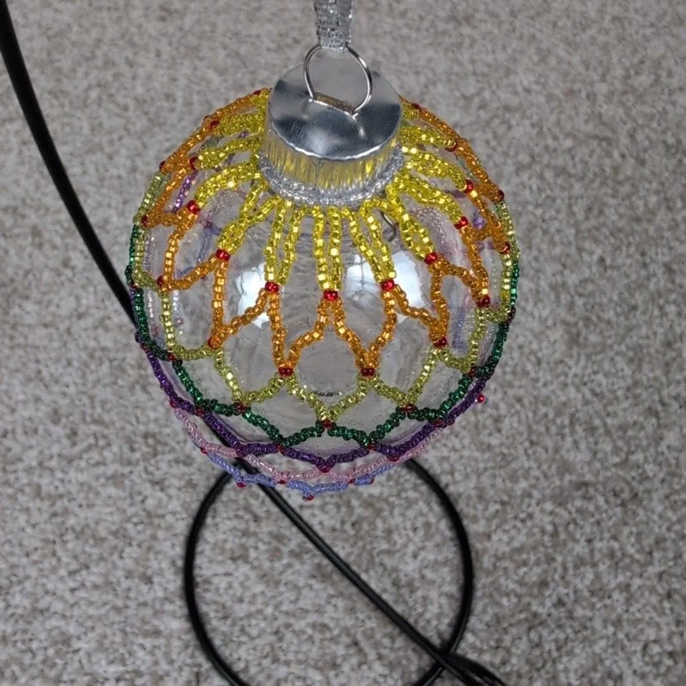 Handmade Beaded Sparkle Medley‎ Silver Ribbon Christmas Ornament Ball Holiday